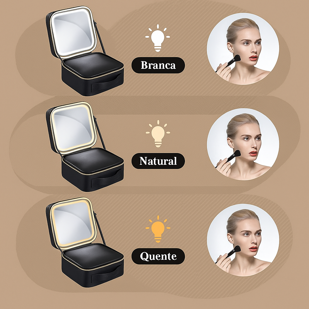 Necessaire com Espelho LED Integrado – Organização e Beleza na Palma da Mão
